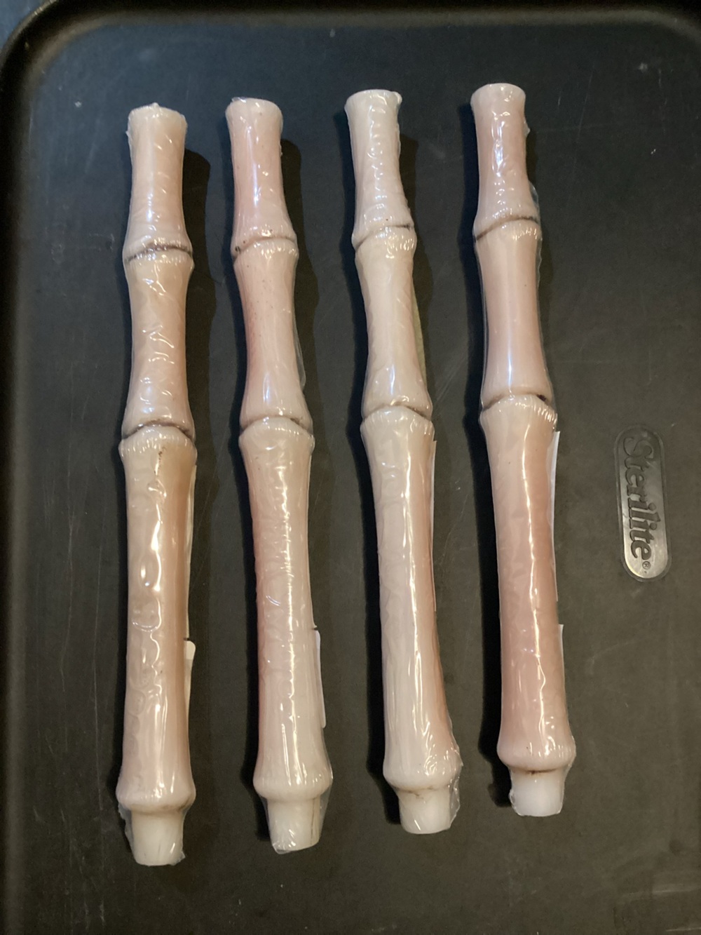 Bleeding Skeleton Bone Candles (4), 12” white grey, Bleeds Red,  Halloween